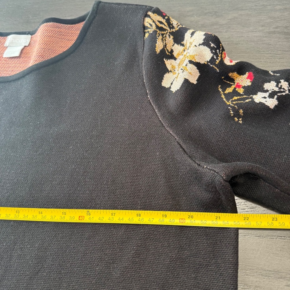 Chicos 2 Floral Sweater Womens Size Large Black 100% Cotton Jacquard Bell Sleeve - Picture 6 of 9